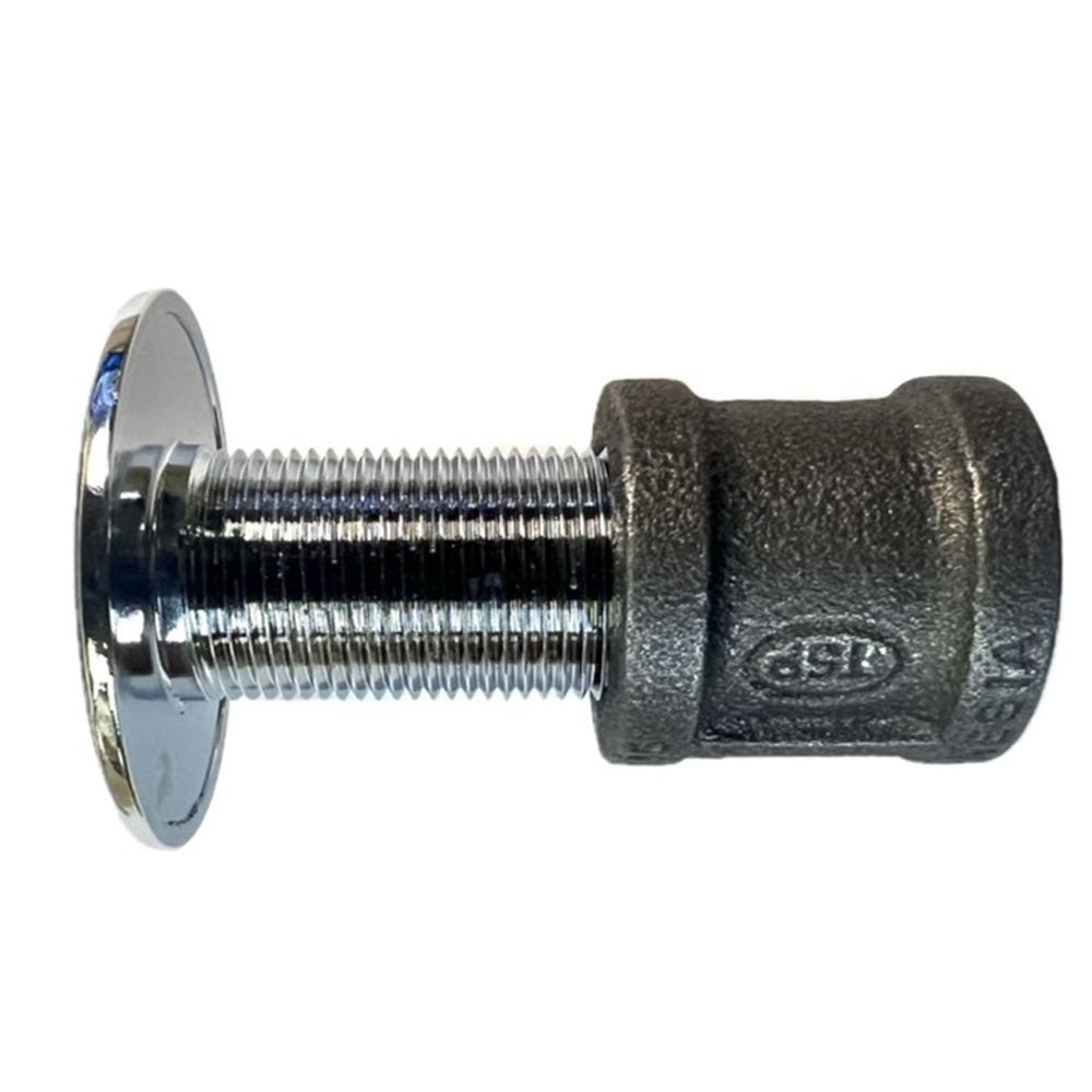 Chrome floor plate threaded connector with dark textured housing and screw threads