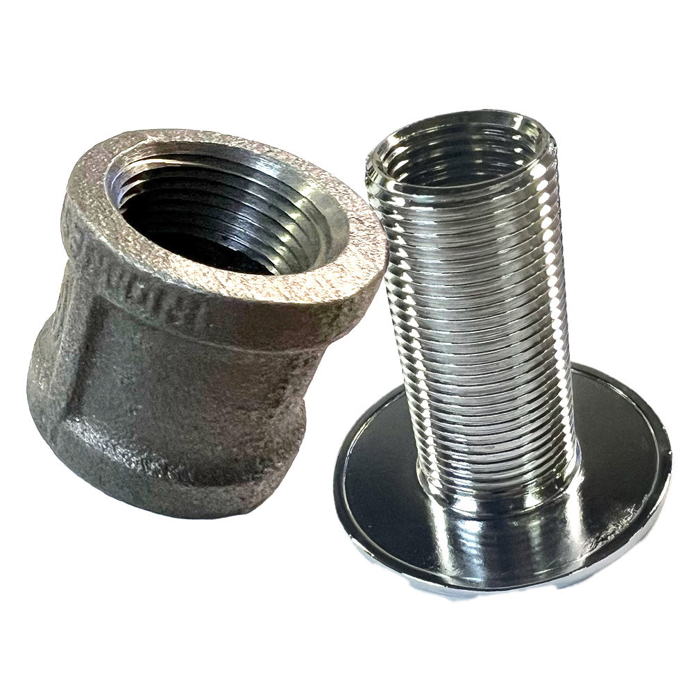 Metal threaded floor plate adapter pair with internal threads and dark base ring