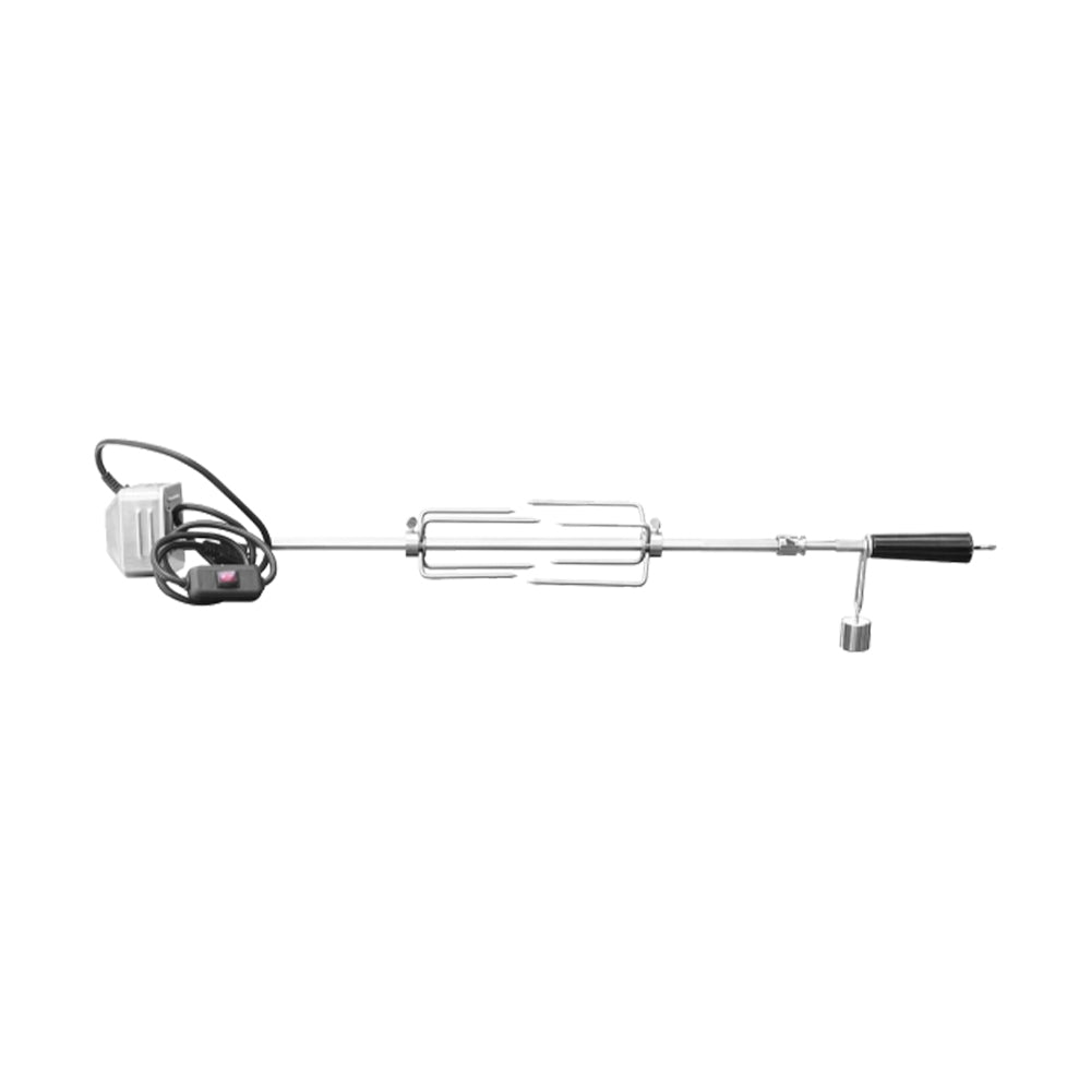 Rotisserie kit with stainless steel spit rod, mounting forks, and motor control box