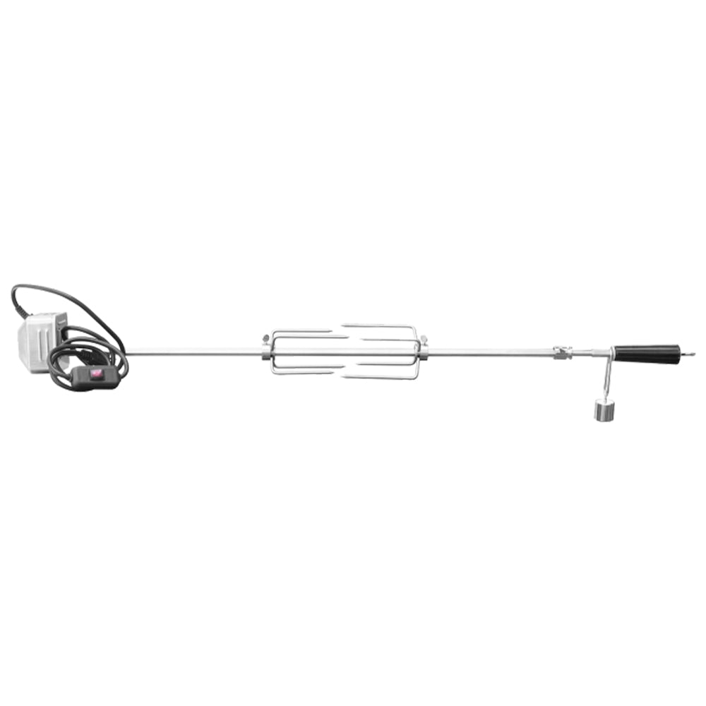 Rotisserie kit with metal roasting rod, fork cage, and mounting motor unit