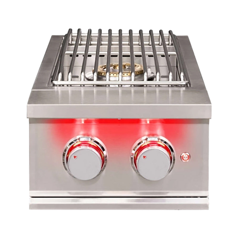 Stainless steel double side burner with two control knobs and burner grate