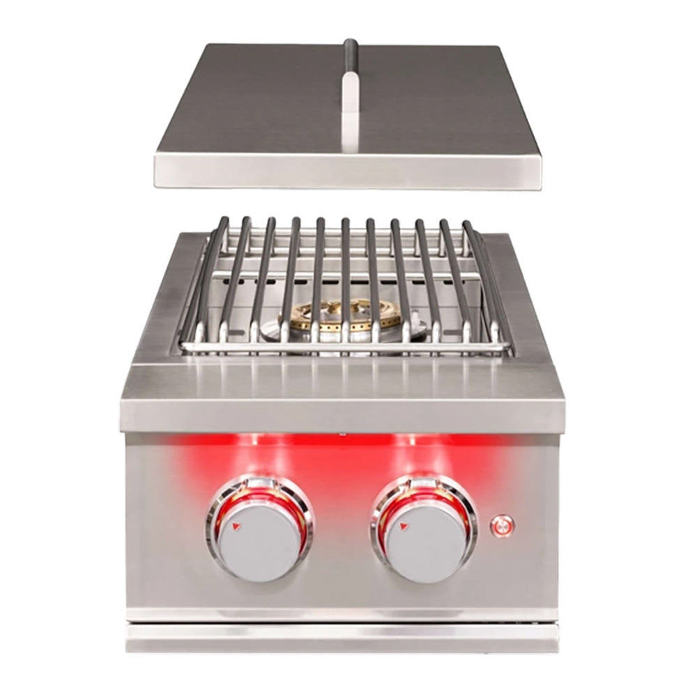 Stainless steel built-in double side burner with open grate and hinged cover