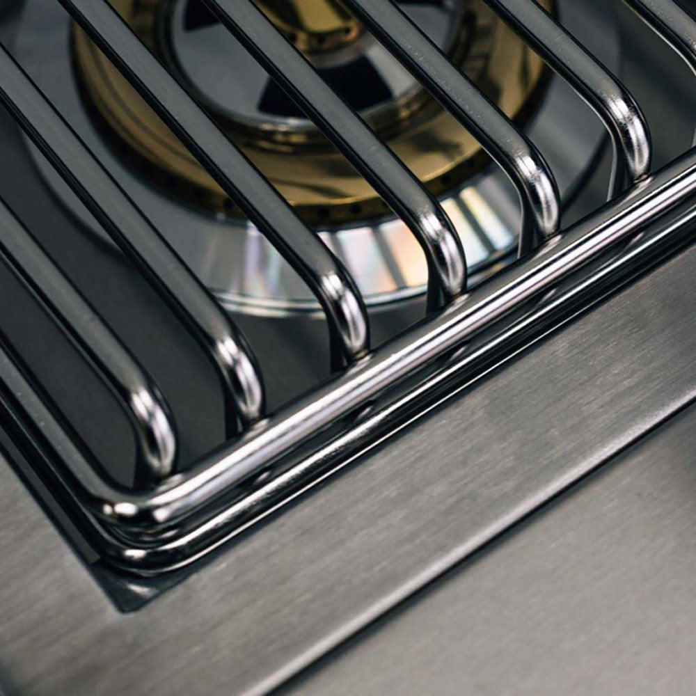 Stainless steel burner grate with curved black bars and metal frame