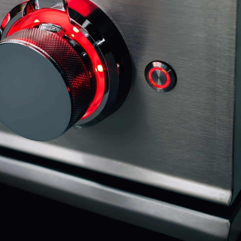 Stainless steel side burner control knob with red accents and small dial