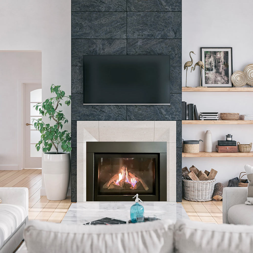 Built-in direct vent gas fireplace with black frame and visible flame log set