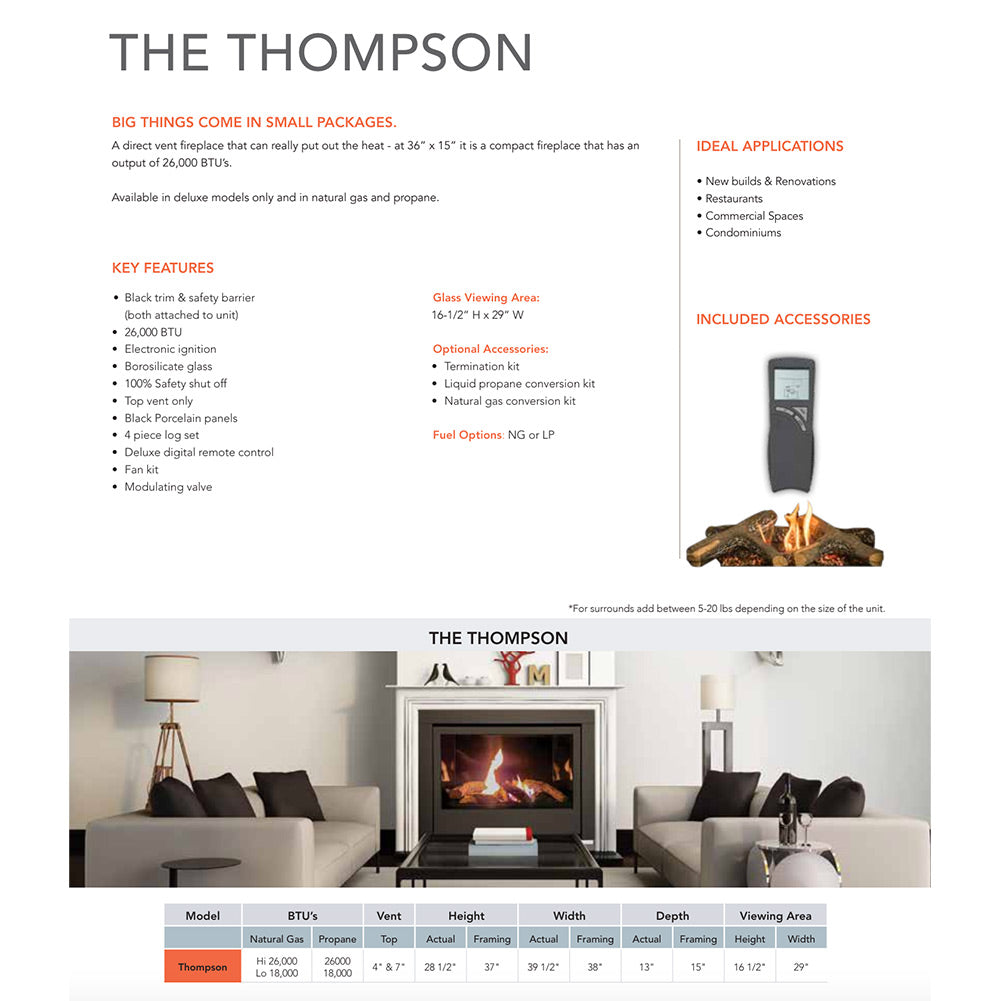 Gas fireplace brochure page with features, applications, and included accessories