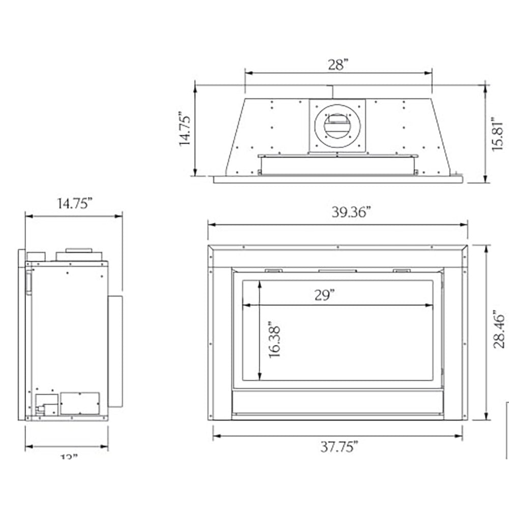 Technical line drawing showing direct vent gas fireplace dimensions and frame
