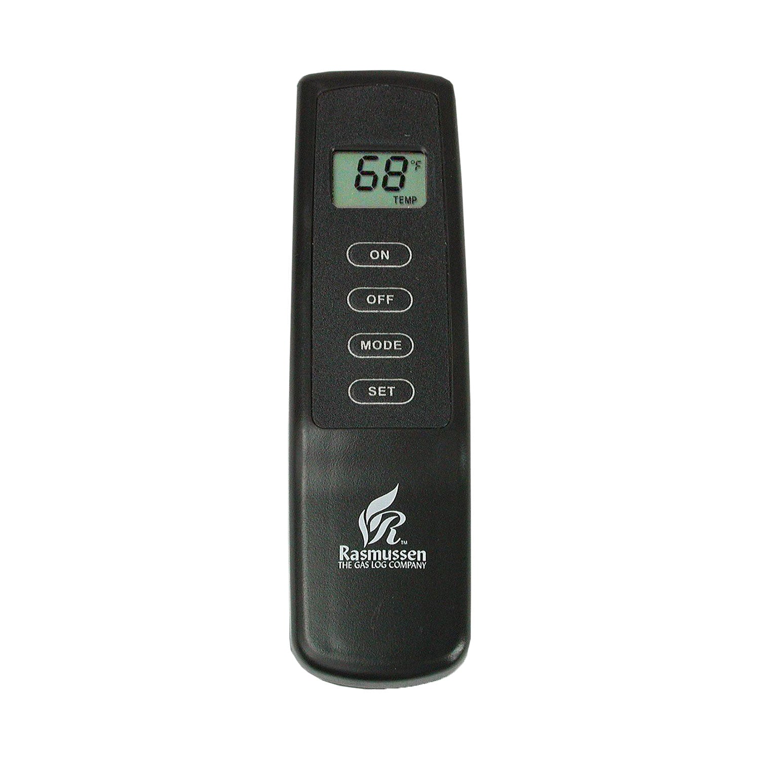 Black fireplace remote control with LCD showing 68°F, ON/OFF, MODE and SET buttons