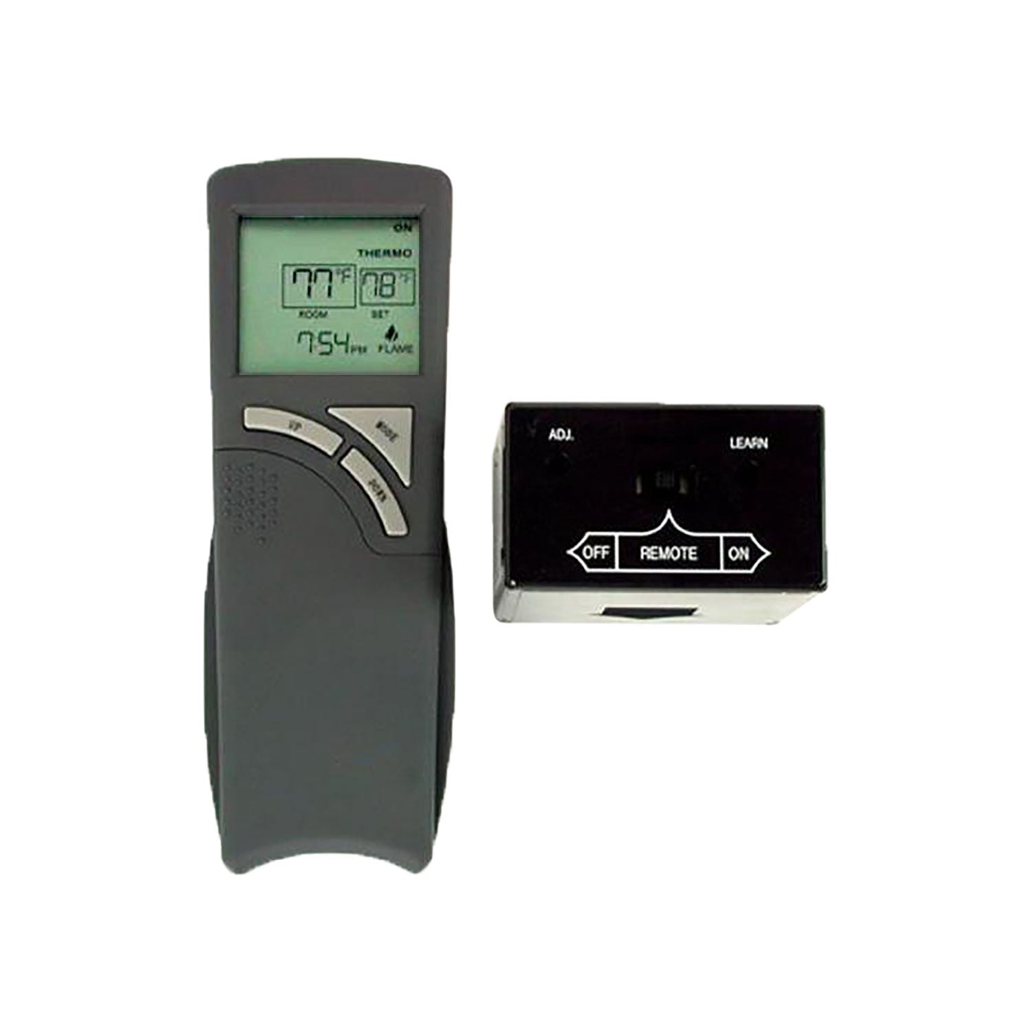 Wireless fireplace remote controls with LCD display and buttons, dark gray and black