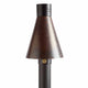 Outdoor gas torch with metallic hammered cone and black base pole, unlit