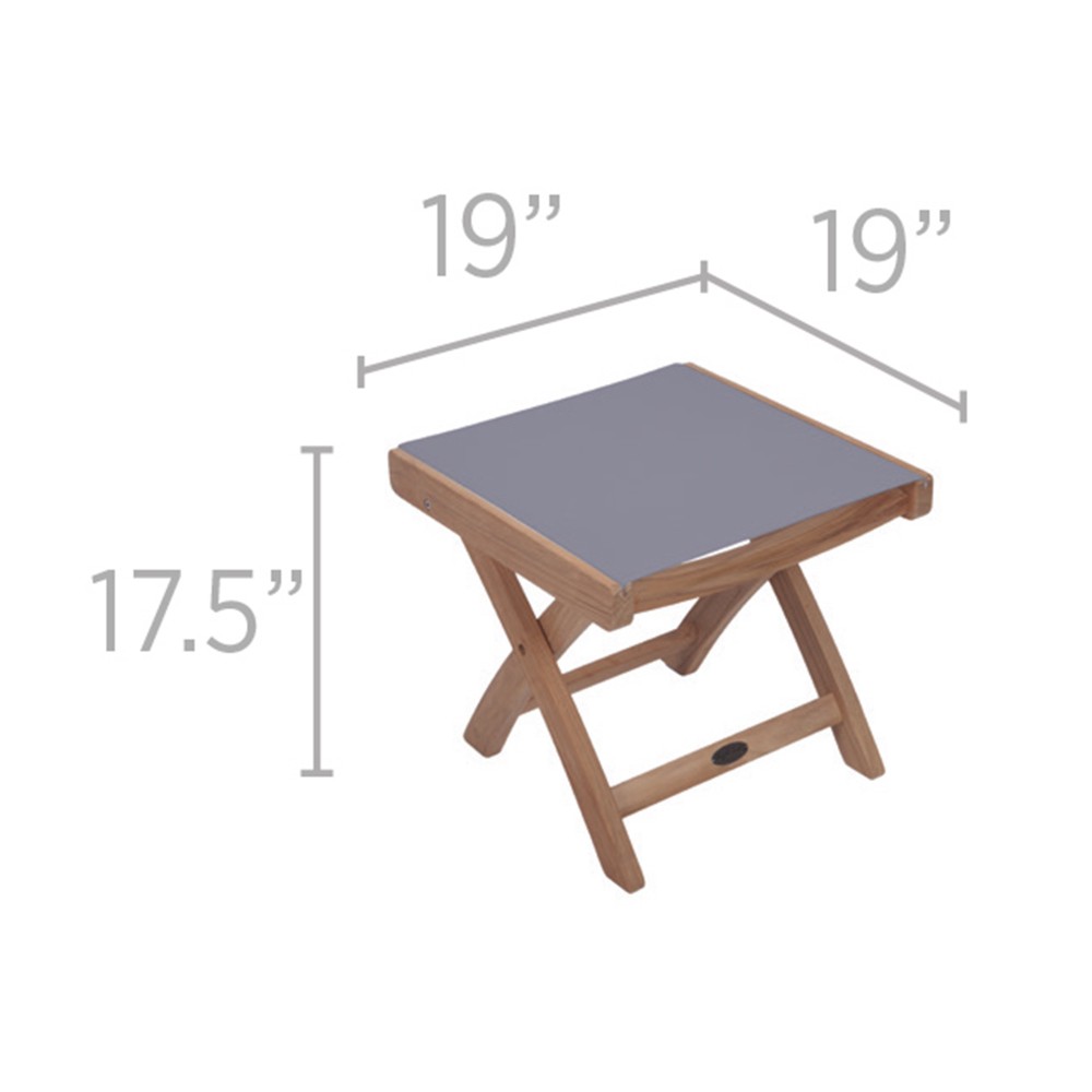 Teak sling footrest with gray cushion shown with size measurements (19 in)