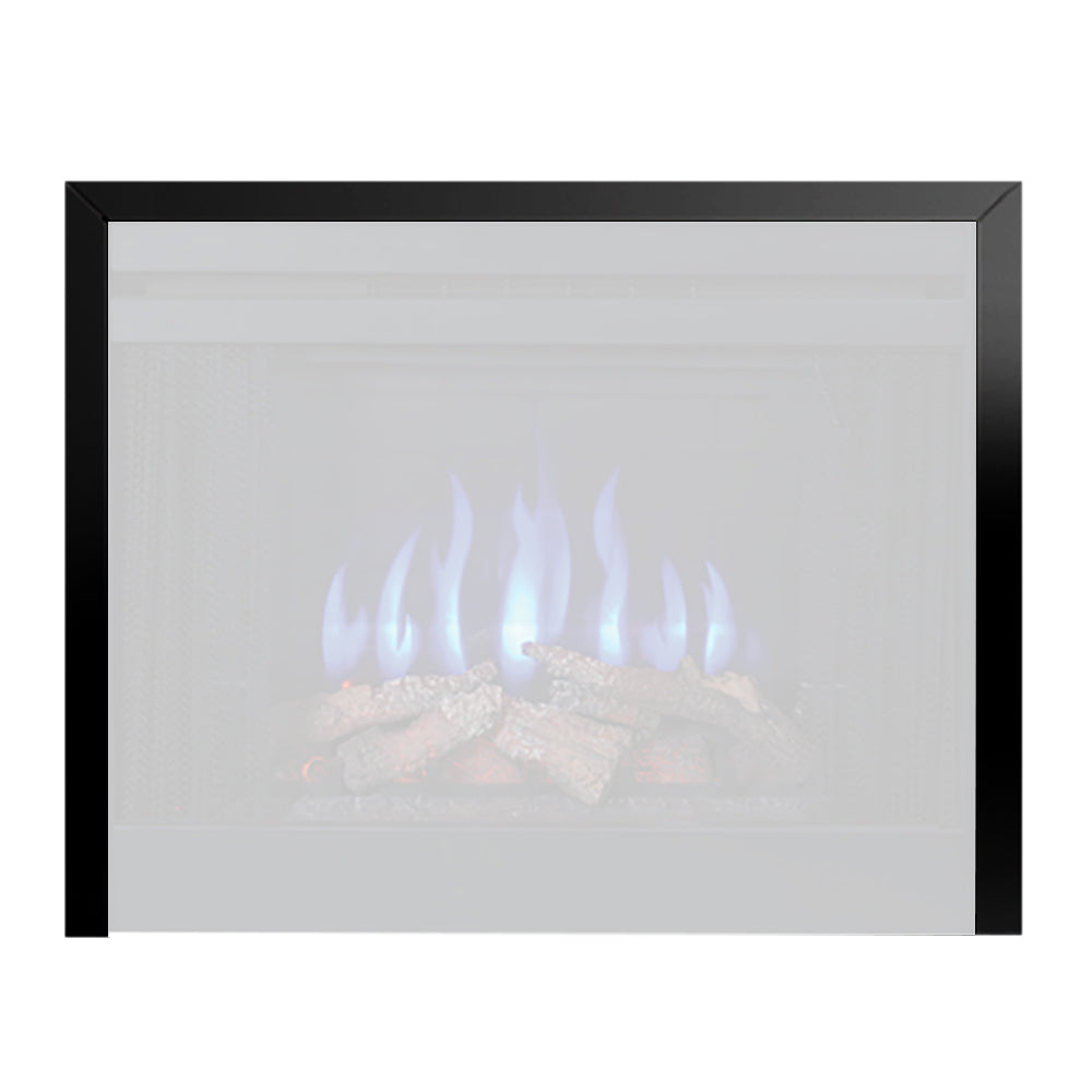 Black trim kit for electric fireplace with dark frame and flames