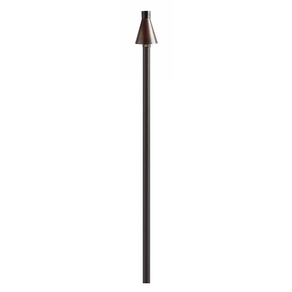 Hammered copper match-light torch head on dark metal post