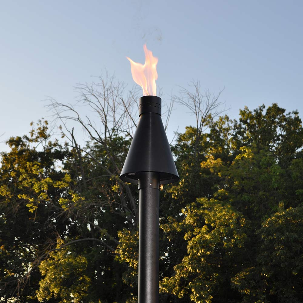 Match light torch head with flame, matte black column and aluminum fire hood