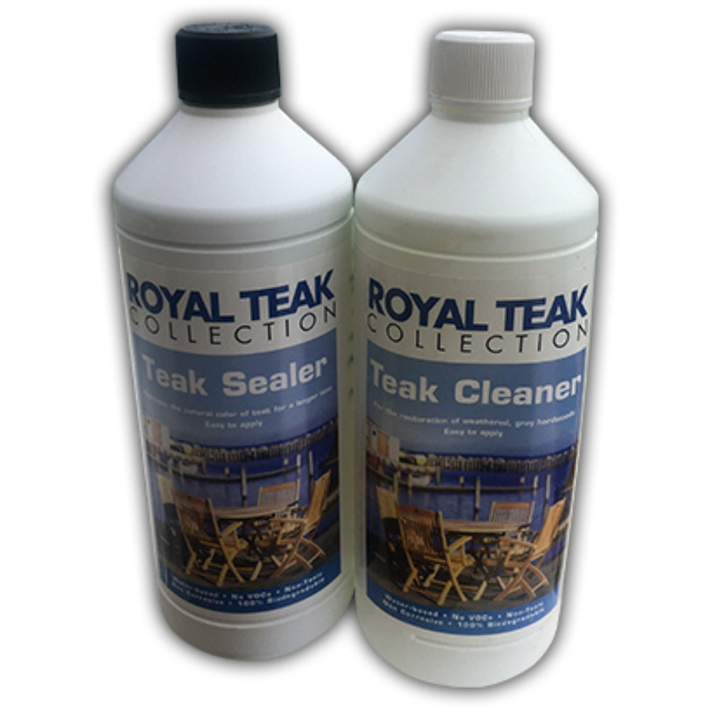 Two plastic bottles for teak cleaner and teak sealer, white and dark caps