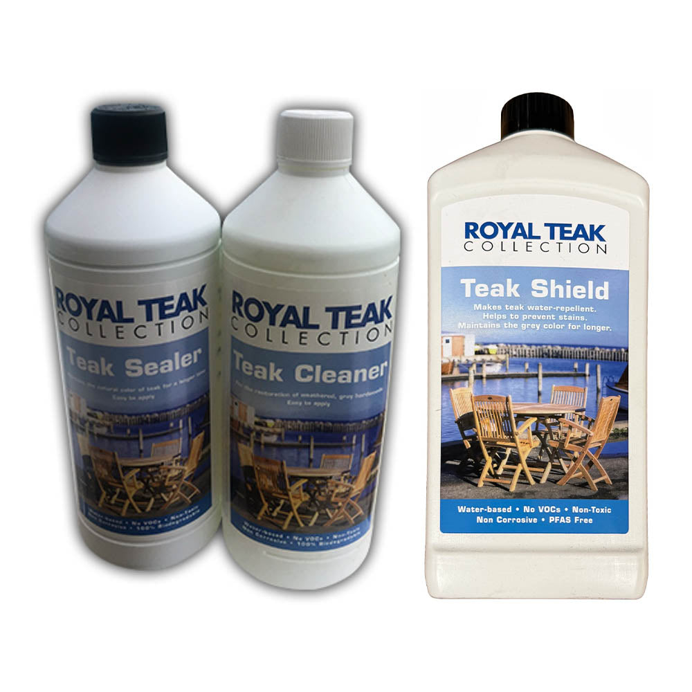 Royal Teak Collection teak maintenance bundle: cleaner, sealer, and Teak Shield bottles
