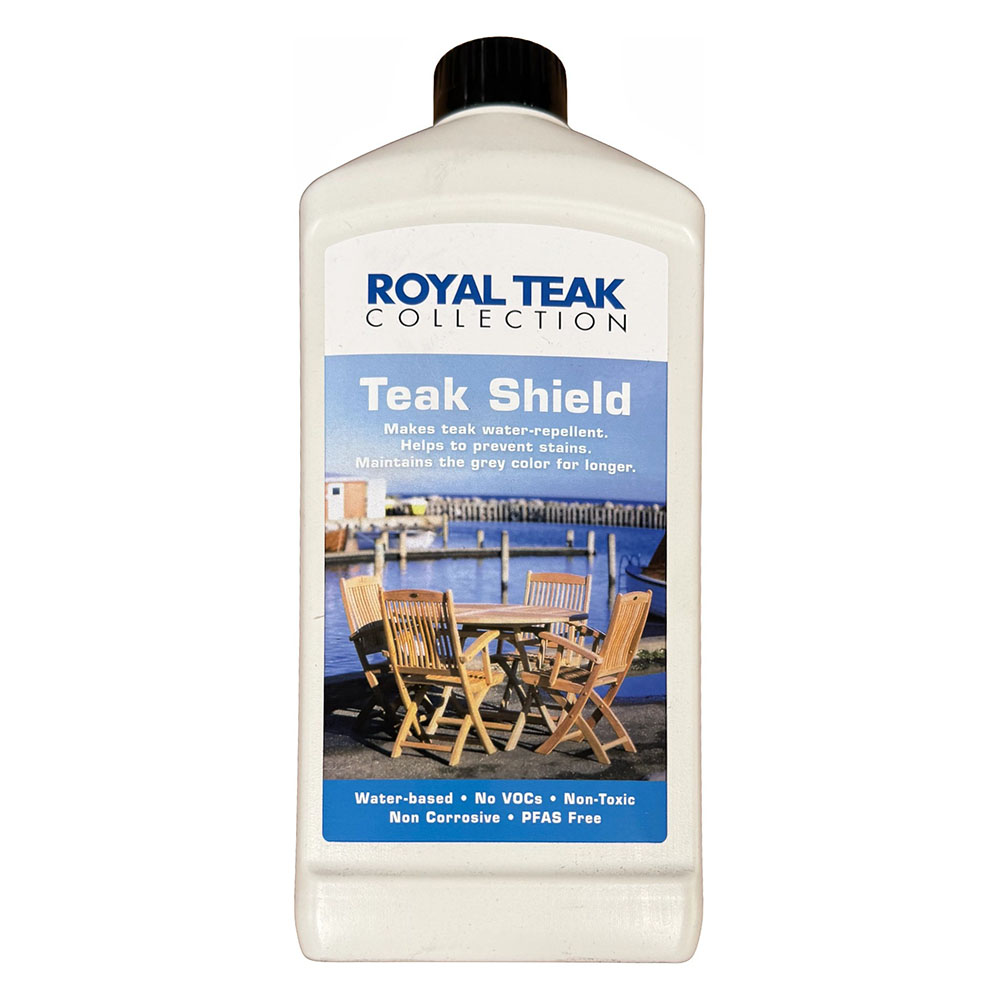 Teak shield protective cleaner in plastic bottle with blue-and-white label