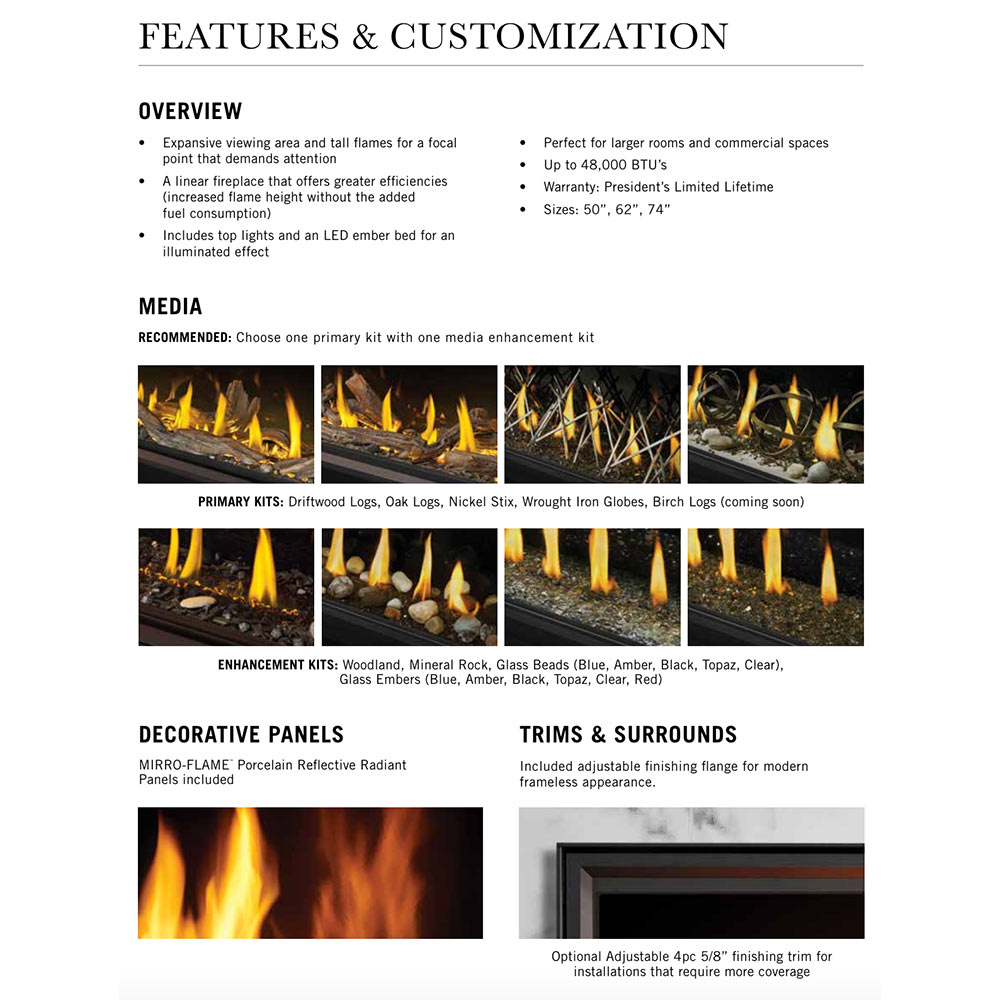 Features and customization page for linear direct vent gas fireplace with flame media photos