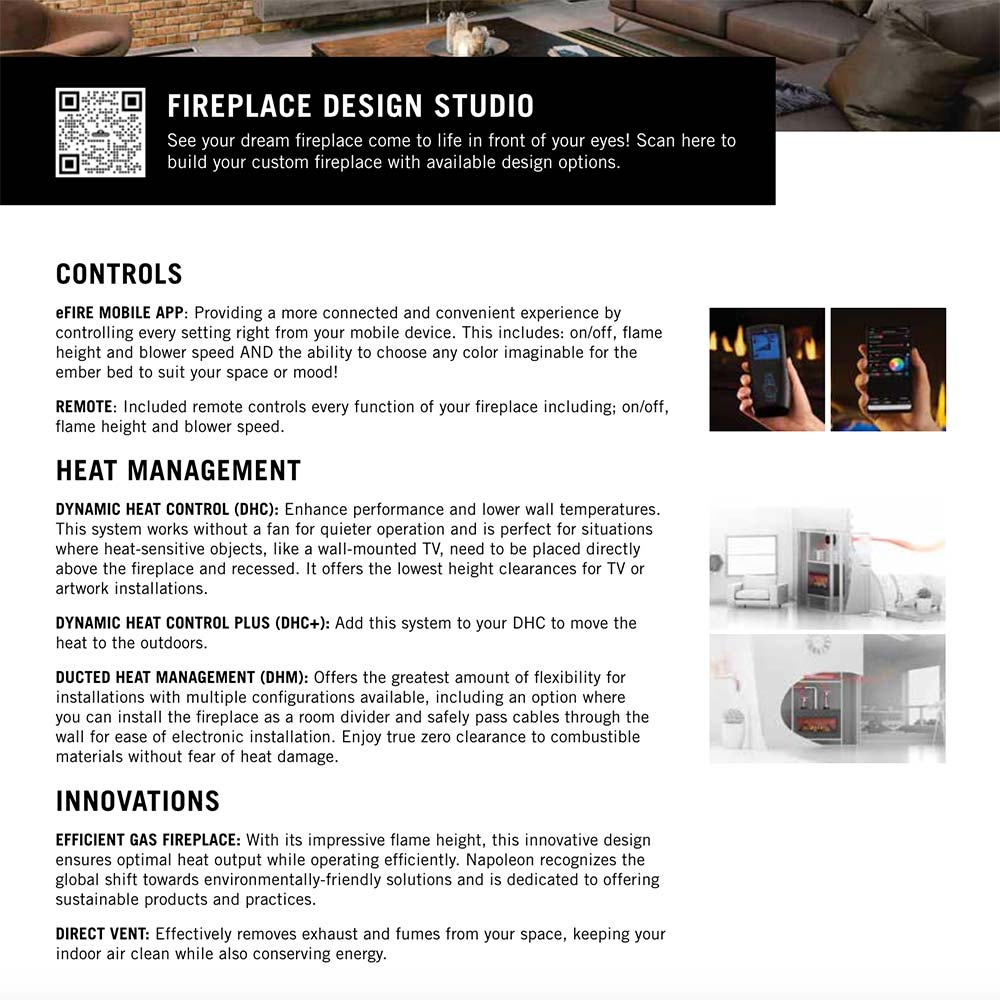 Controls and heat management brochure page for linear direct vent gas fireplace