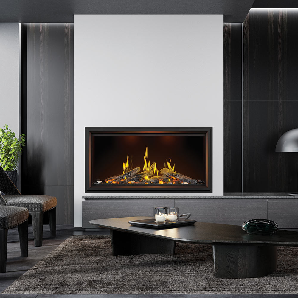 Built-in linear gas fireplace with glowing logs and yellow flames in a dark wall niche