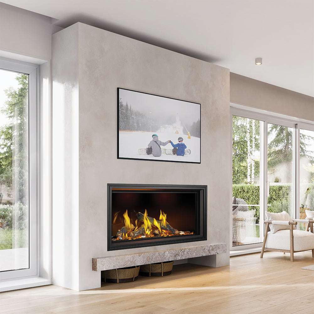 Built-in linear gas fireplace with glowing logs and yellow flames in stone surround