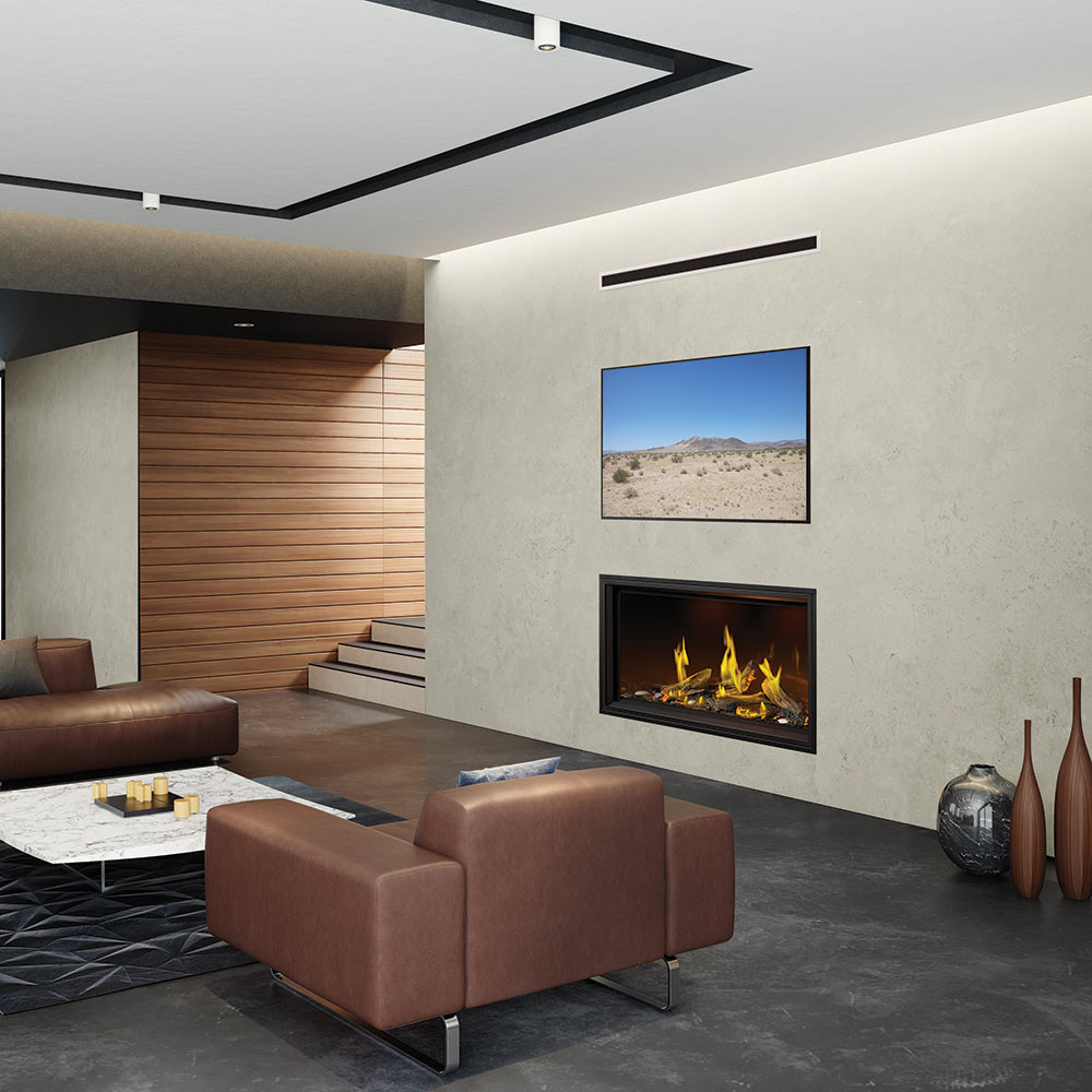 Wall-mounted linear gas fireplace with glowing logs and yellow flames in a dark niche
