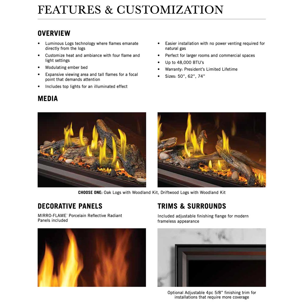Gas fireplace burner with luminous logs and yellow flames shown on a features page