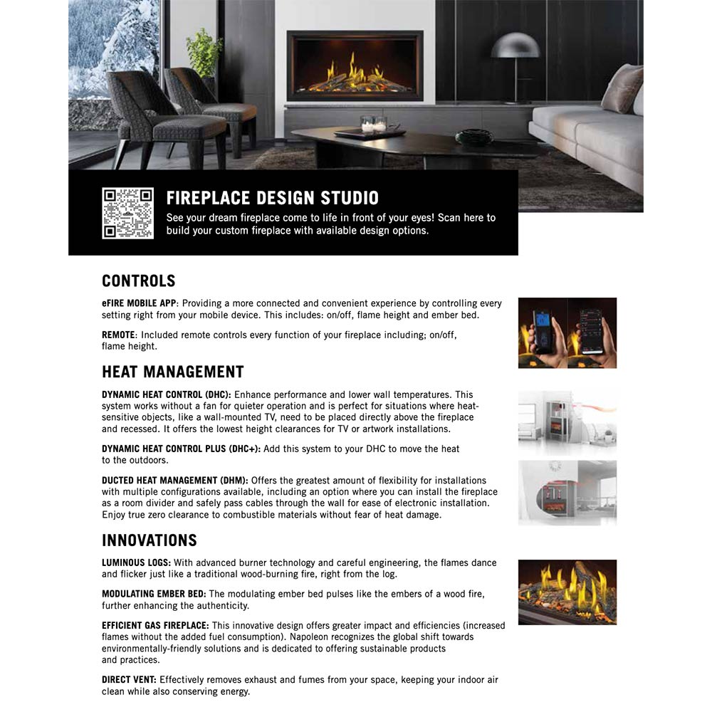 Gas fireplace information page with flame graphics and feature details