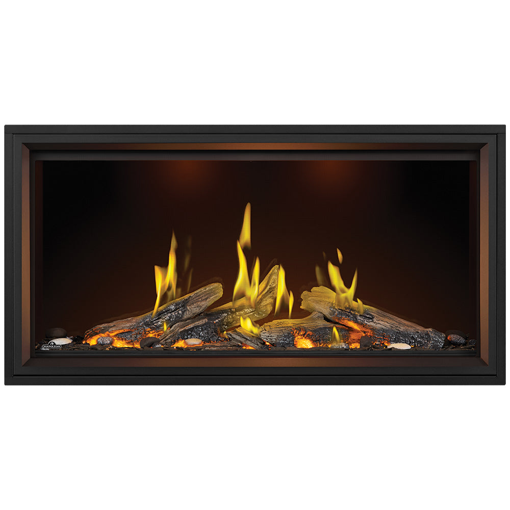 Linear direct vent gas fireplace with luminous logs and bright yellow flames