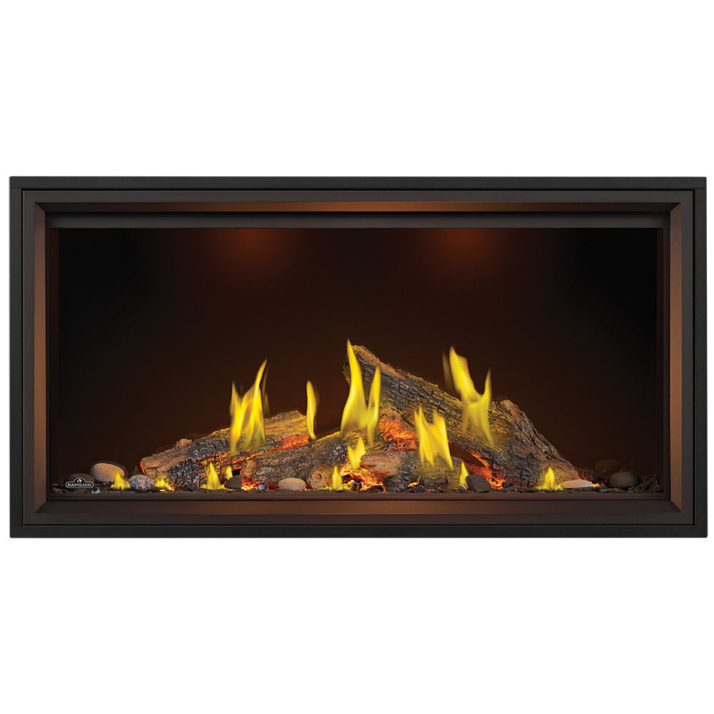 Linear direct vent gas fireplace with luminous logs, smaller flame tips