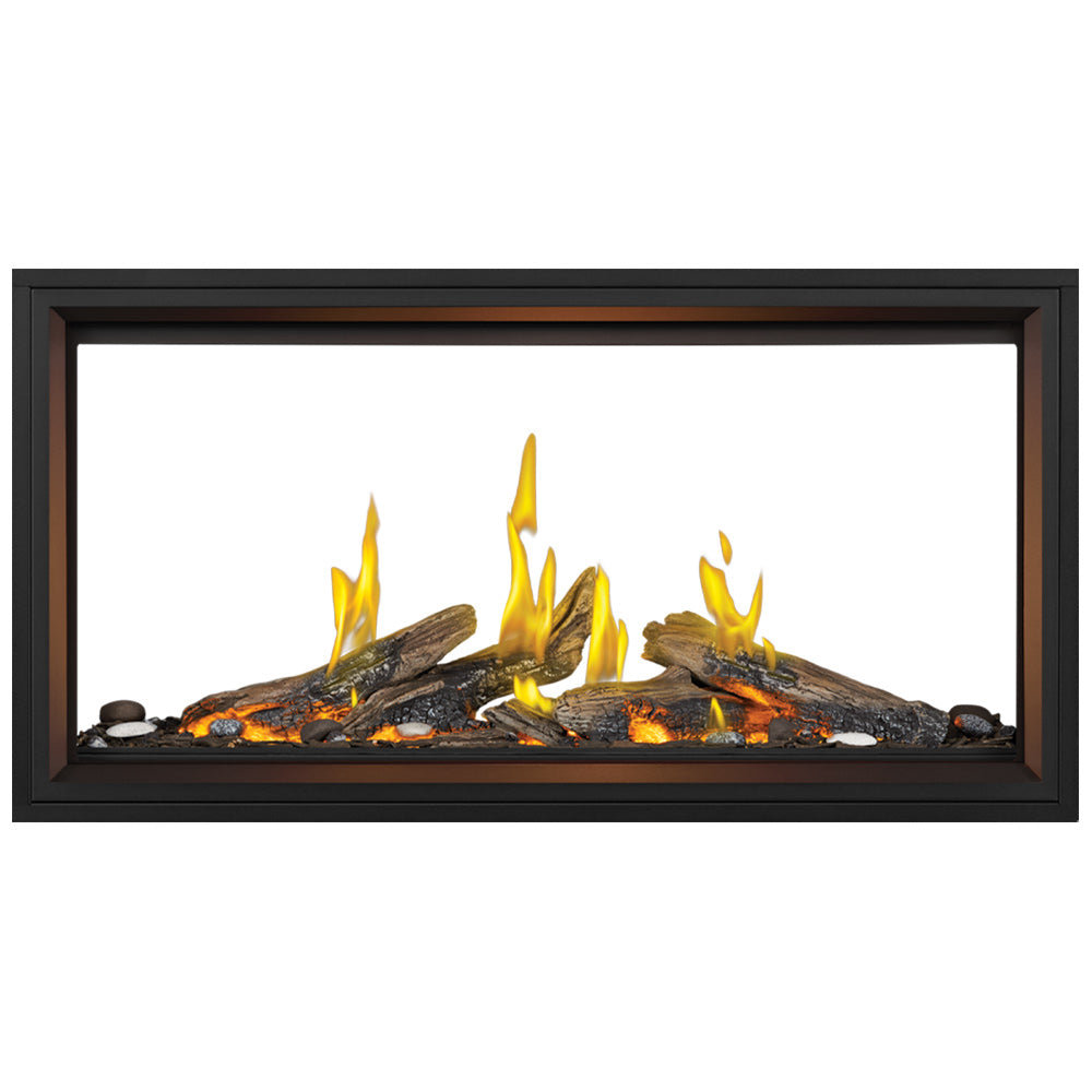 Linear gas fireplace with glowing logs and bright yellow flames in black frame