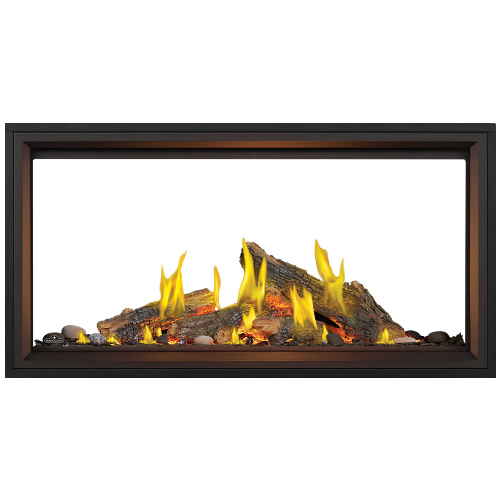 Linear gas fireplace with dark frame, glowing embers, logs and yellow flames visible
