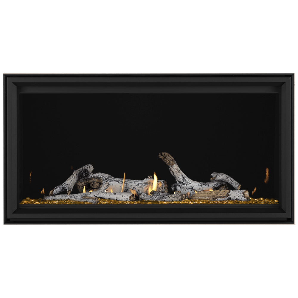 Black linear gas fireplace with gray logs, glowing embers, and yellow flames behind glass