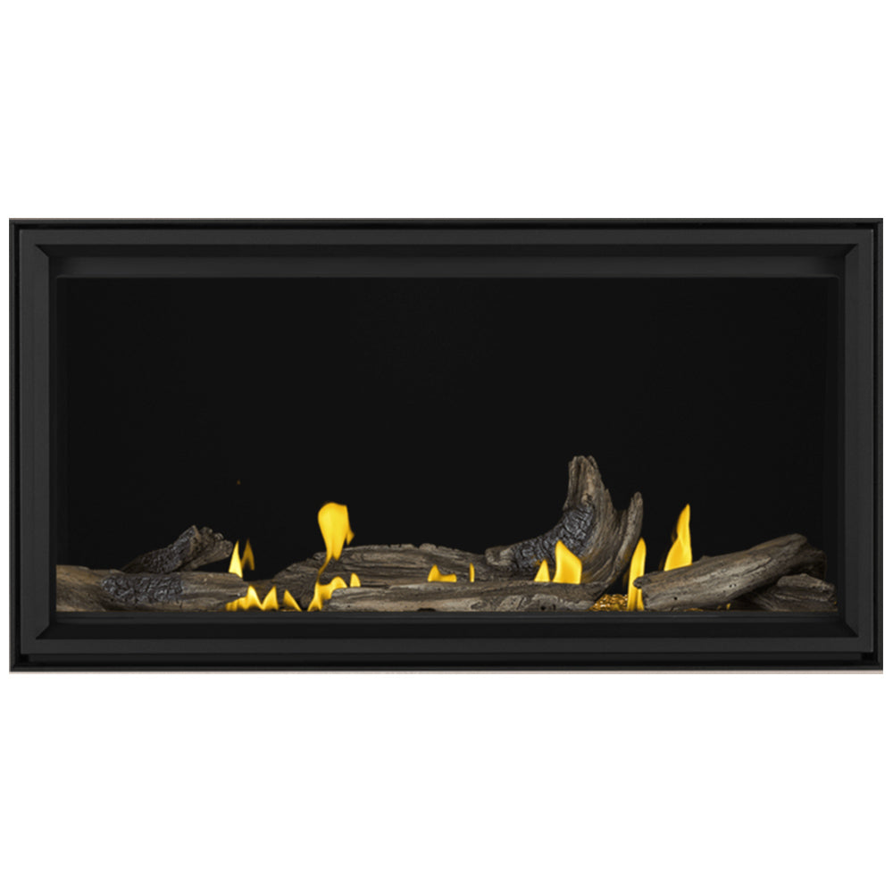 Linear gas fireplace with black trim, log set and yellow flames over ember bed