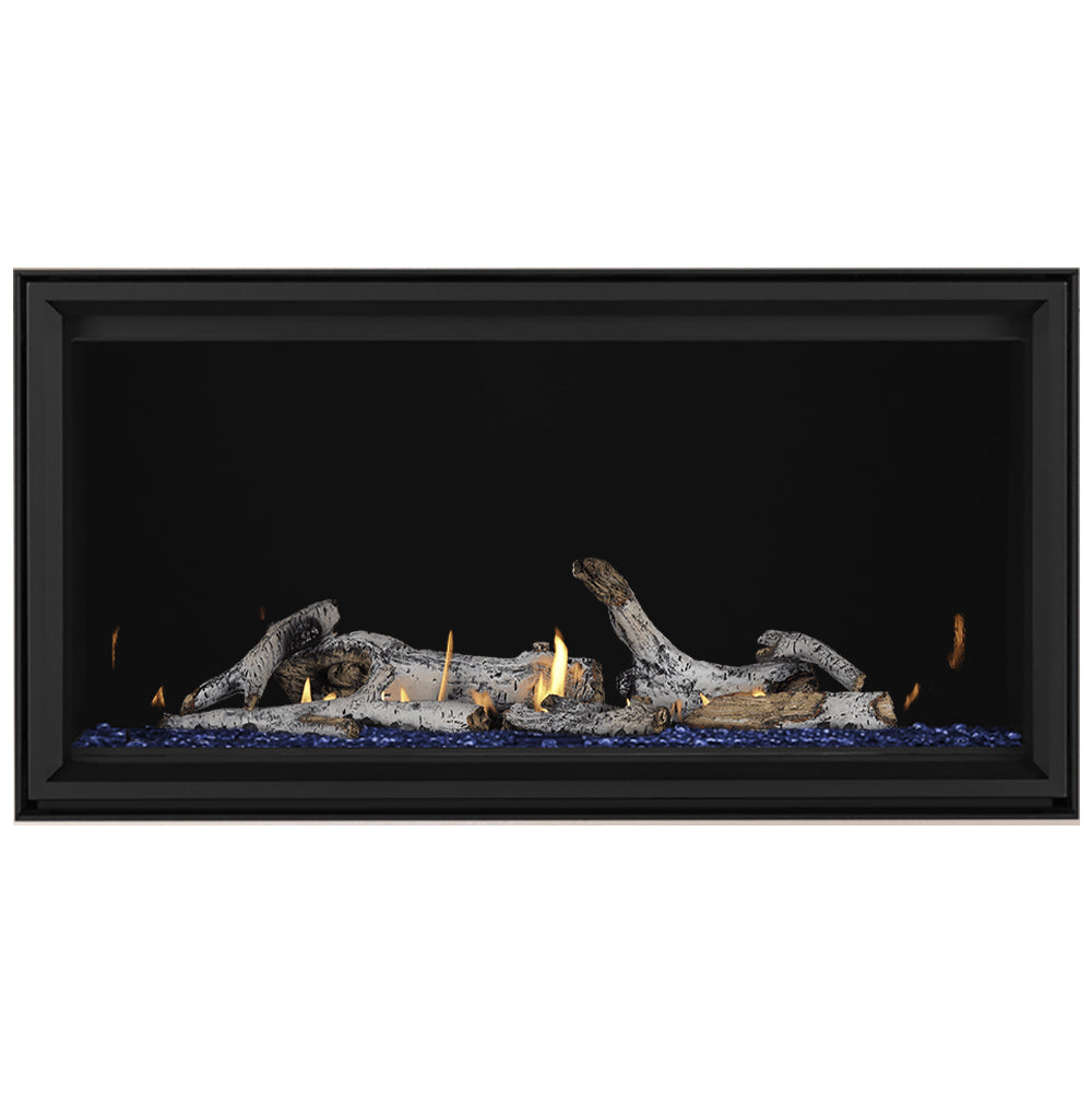 Linear gas fireplace with black frame, textured logs with yellow flames and glow