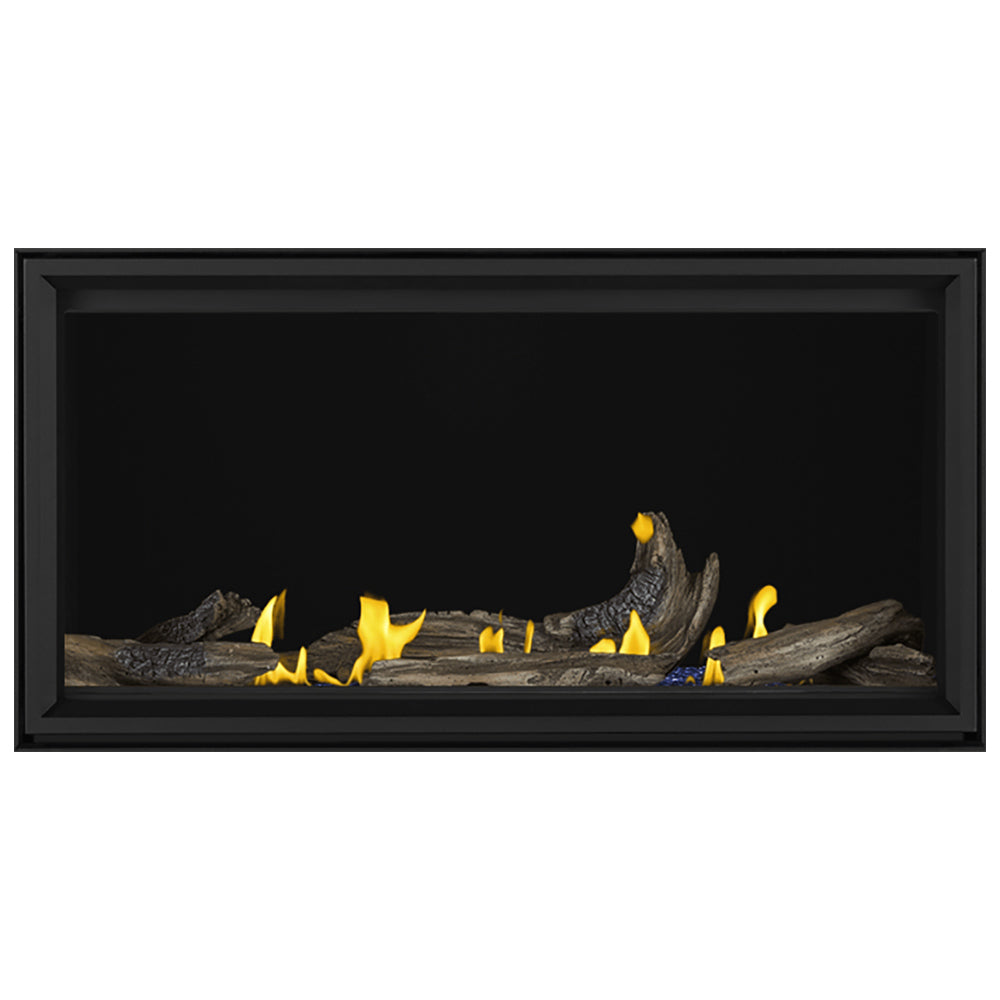 Linear gas fireplace with black frame, burning log set and yellow flames.