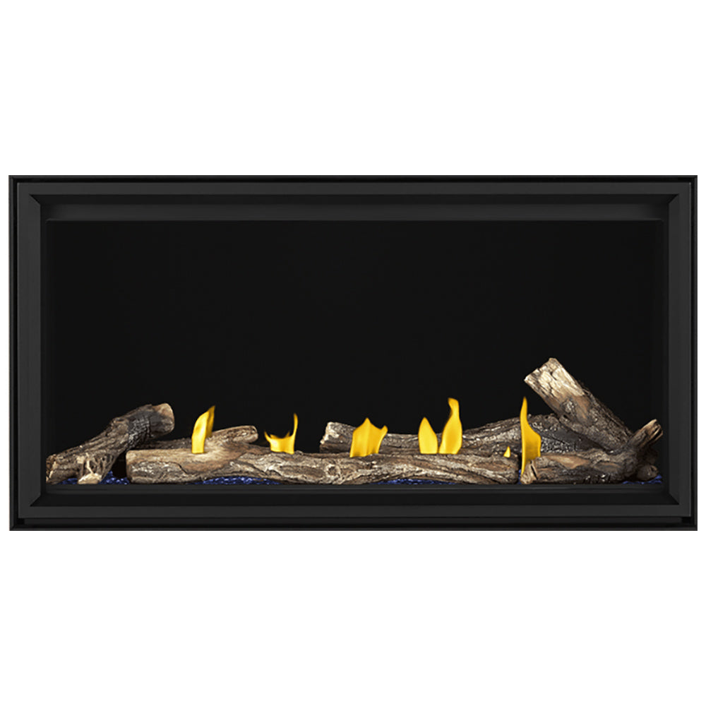 Linear gas fireplace with black frame, burning log set and yellow flames.