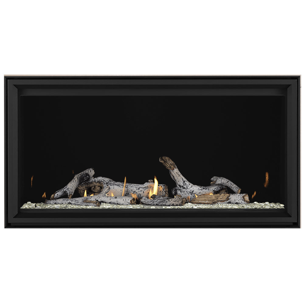 Linear direct vent gas fireplace with gray log set and yellow flames