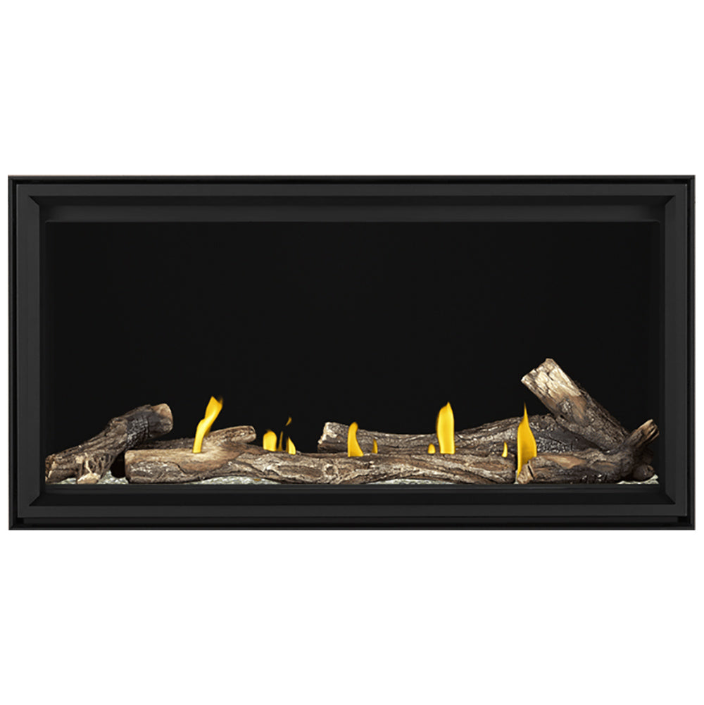 Linear gas fireplace with black frame, burning logs and yellow flames inside