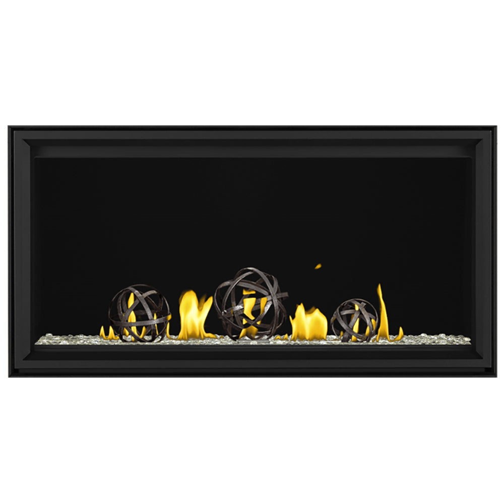 Direct vent gas fireplace with black frame, gray media, globe burners with yellow flames