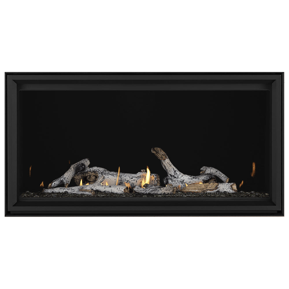 Linear gas fireplace with black frame, glowing embers and gray log pieces