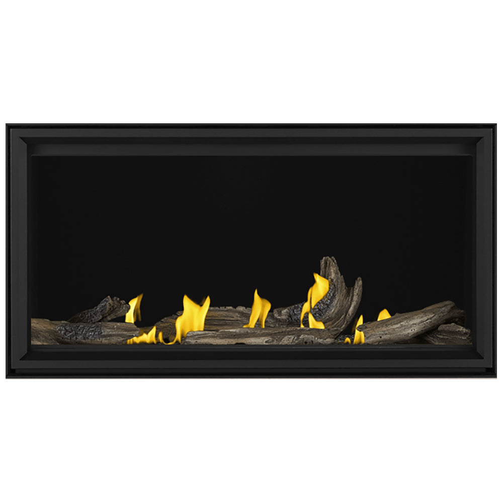 Linear gas fireplace with black frame, burning logs, bright yellow flames