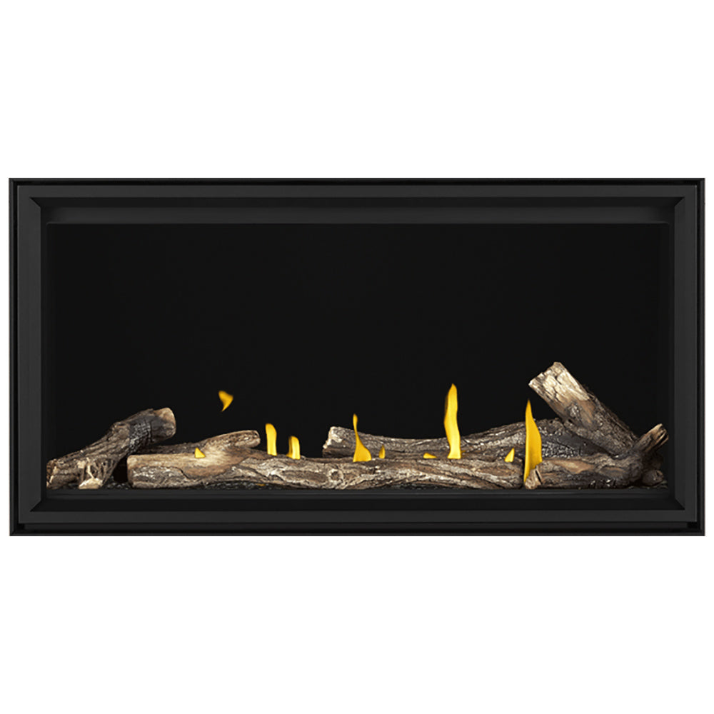 Linear gas fireplace with black frame, burning log set and yellow flames.