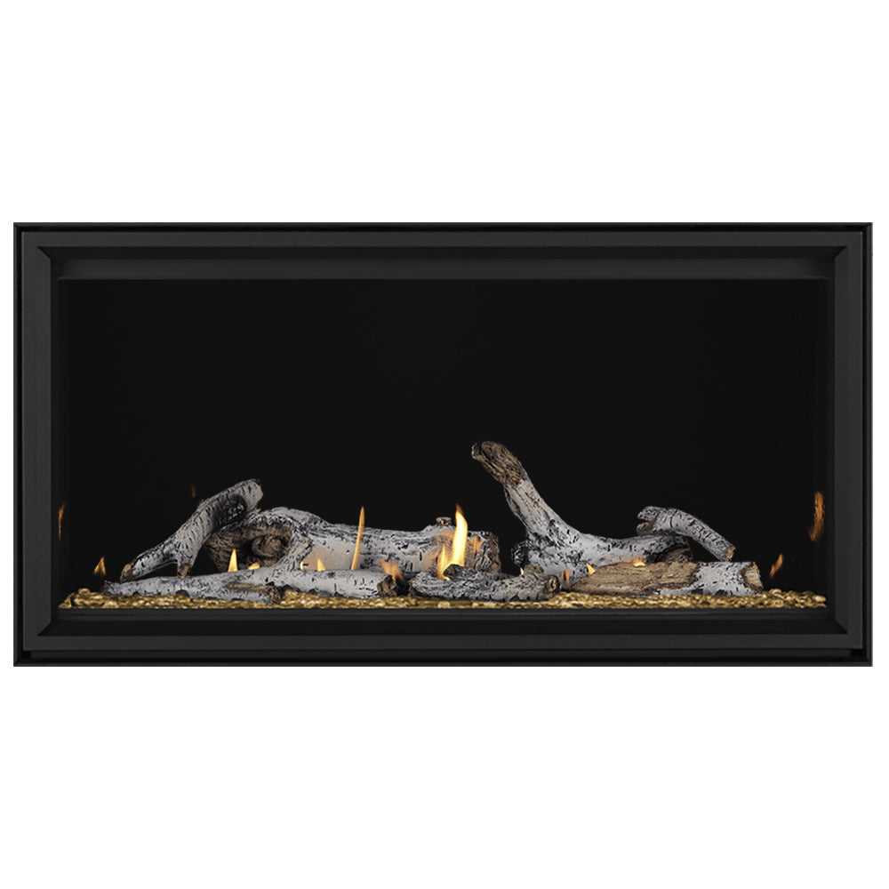 Linear direct vent gas fireplace with gray logs, embers, and steady yellow flames