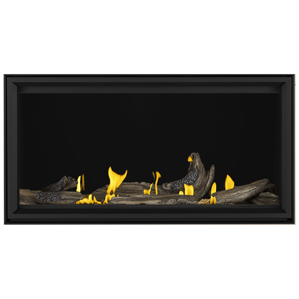 Direct vent gas fireplace with black frame, large gray logs, centered yellow flames