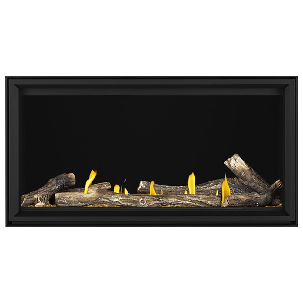 Linear direct vent gas fireplace with gray log set and yellow flames