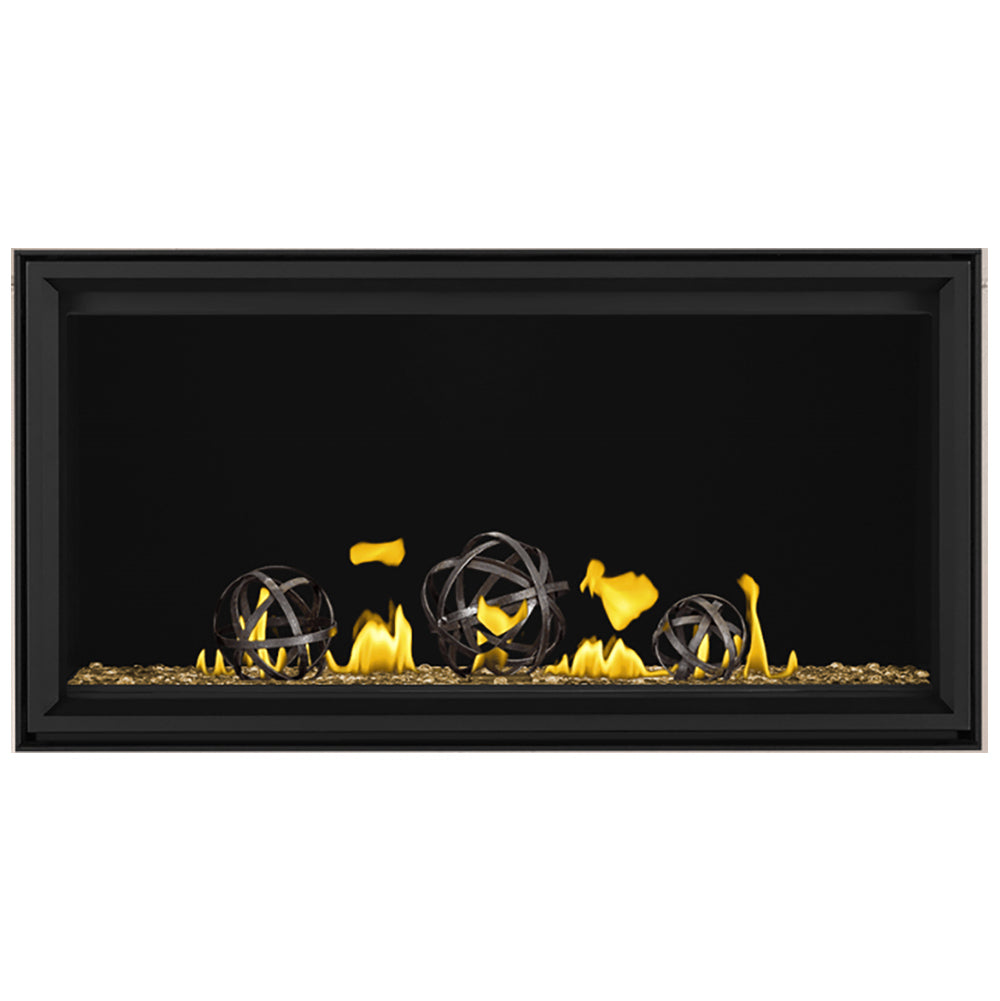 Linear direct vent gas fireplace with three black globe media pieces and yellow flames