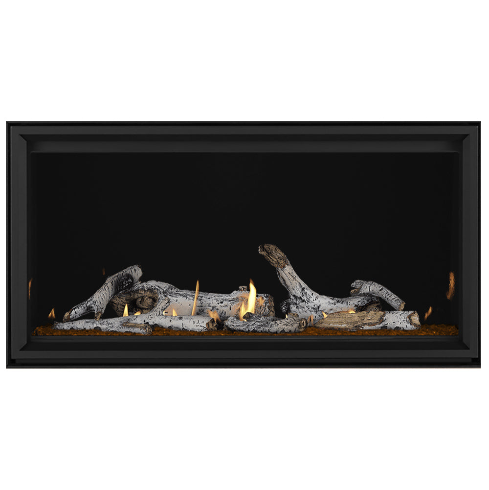 Linear gas fireplace with black frame, burning gray logs and bright embers