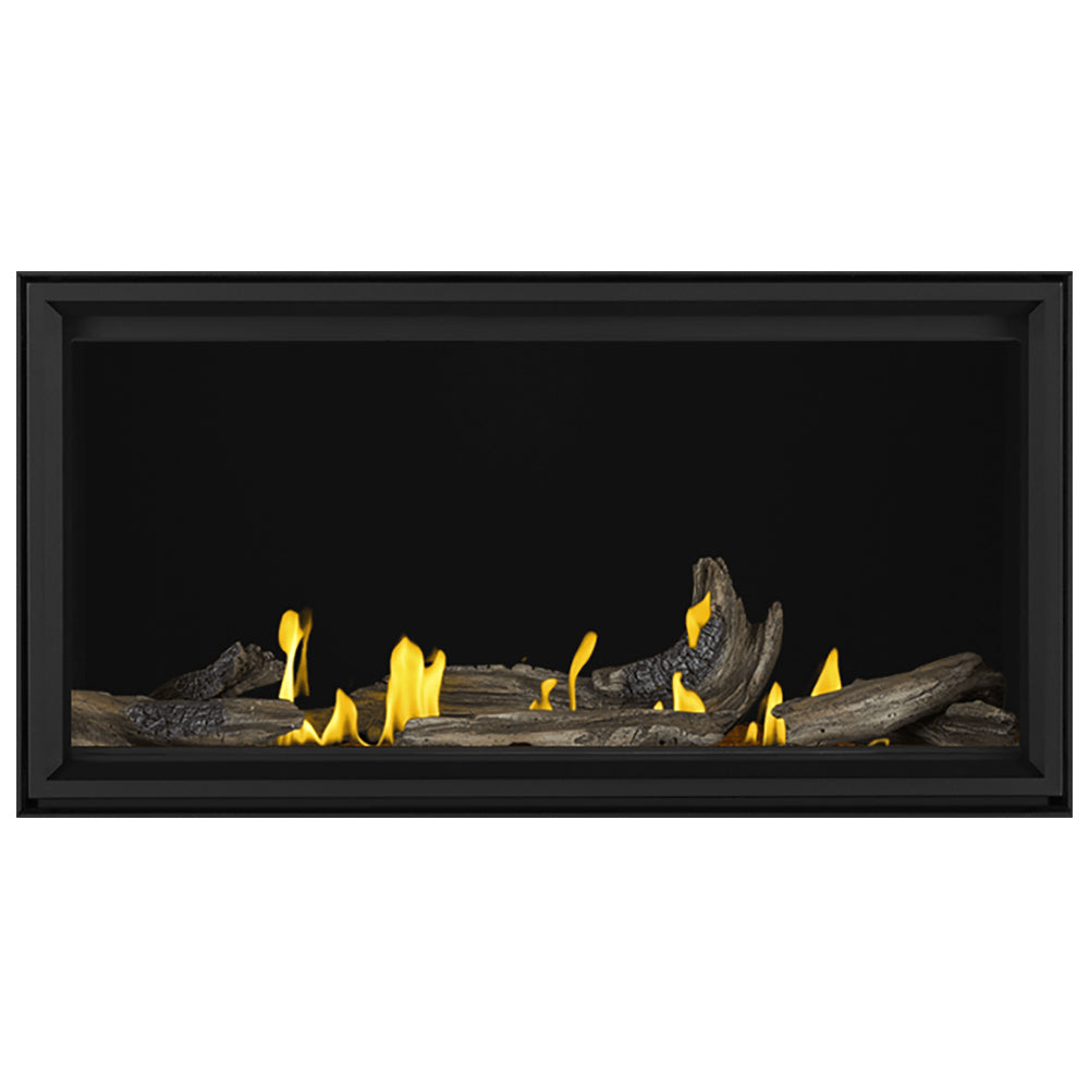 Linear gas fireplace with black frame, burning logs with yellow flames