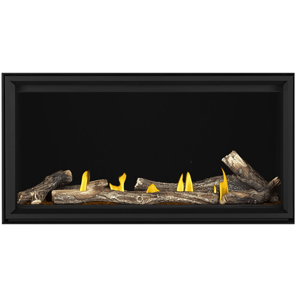 Linear gas fireplace with black frame, burning logs over gray embers